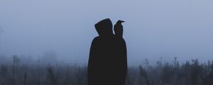 Preview wallpaper silhouette, crow, hood, loneliness, fog