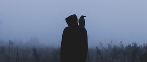 Preview wallpaper silhouette, crow, hood, loneliness, fog