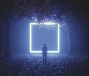 Preview wallpaper silhouette, cube, neon, trees