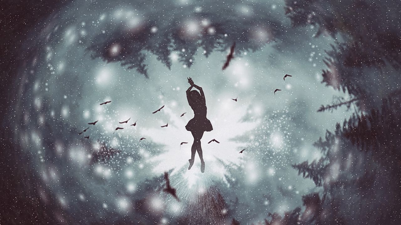 Wallpaper silhouette, dance, girl, snowfall, blur