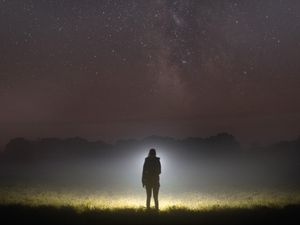 Preview wallpaper silhouette, dark, alone, night, starry sky