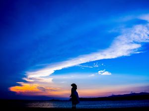 Preview wallpaper silhouette, dark, beach, sea, dusk