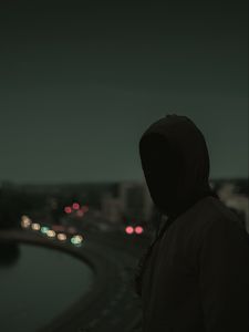 Preview wallpaper silhouette, dark, hood, twilight, gloomy