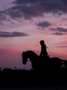 Preview wallpaper silhouette, dark, jockey, horse, twilight, equestrian, riding