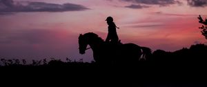 Preview wallpaper silhouette, dark, jockey, horse, twilight, equestrian, riding