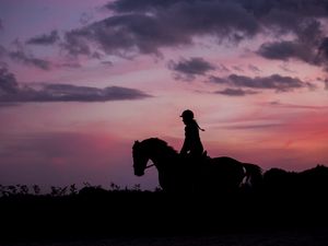 Preview wallpaper silhouette, dark, jockey, horse, twilight, equestrian, riding