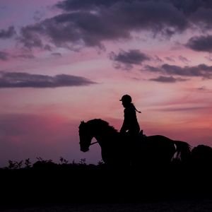 Preview wallpaper silhouette, dark, jockey, horse, twilight, equestrian, riding