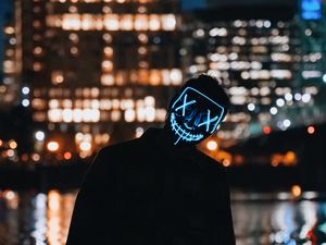 Preview wallpaper silhouette, dark, mask, neon, lights