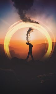 Preview wallpaper silhouette, dark, smoke, circle, mountains, thoughts