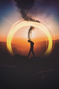 Preview wallpaper silhouette, dark, smoke, circle, mountains, thoughts