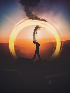 Preview wallpaper silhouette, dark, smoke, circle, mountains, thoughts