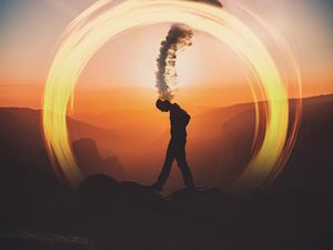 Preview wallpaper silhouette, dark, smoke, circle, mountains, thoughts