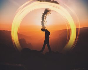 Preview wallpaper silhouette, dark, smoke, circle, mountains, thoughts