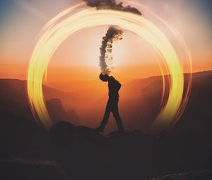 Preview wallpaper silhouette, dark, smoke, circle, mountains, thoughts