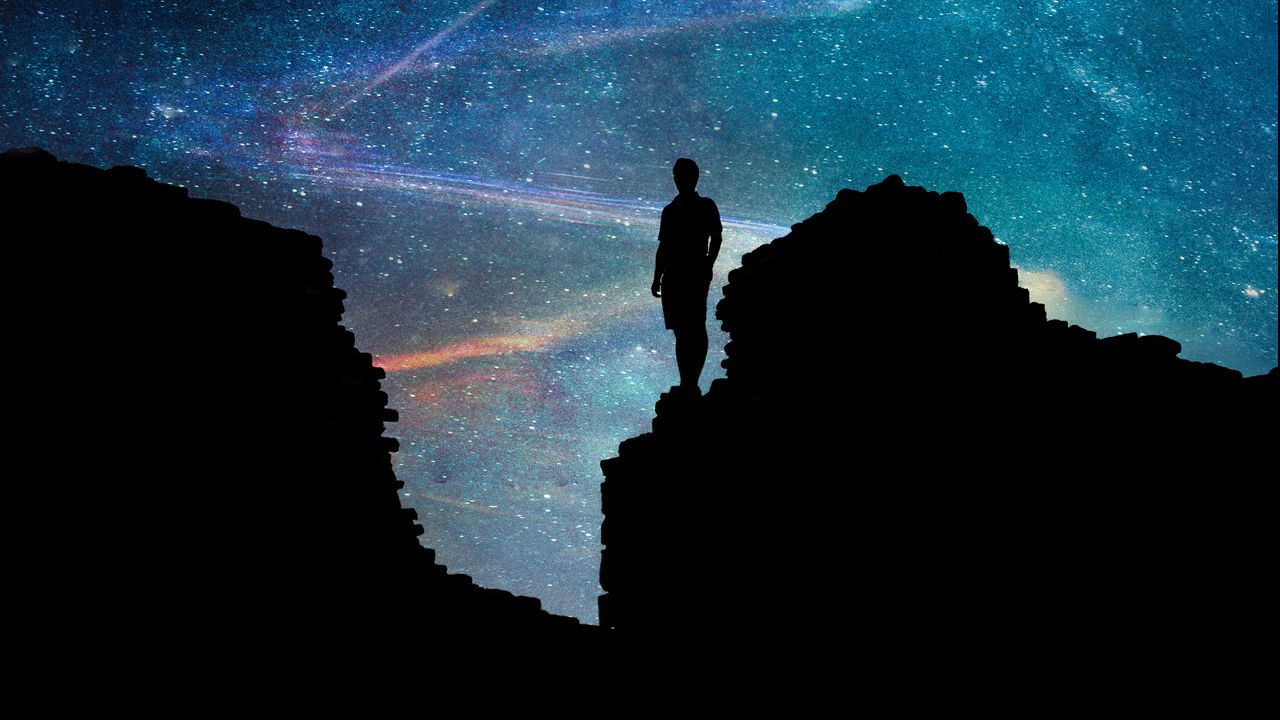 Wallpaper silhouette, dark, space, rocks, starry sky