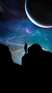 Preview wallpaper silhouette, dark, space, rocks, starry sky