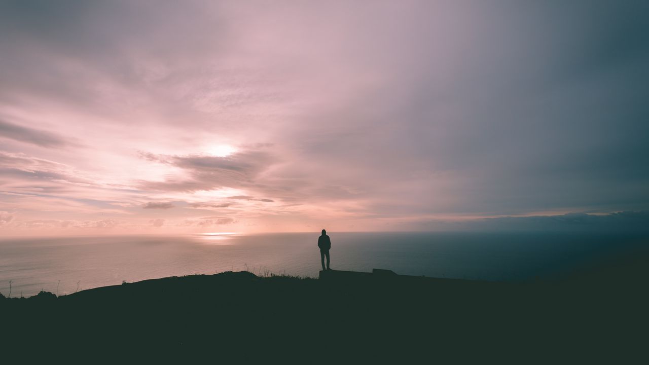 Wallpaper silhouette, dark, twilight, cliff, sea, horizon