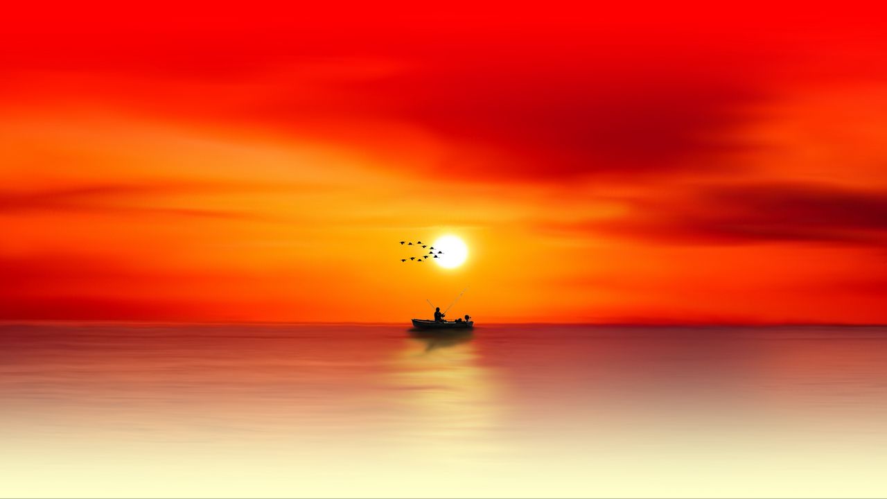 Wallpaper silhouette, dawn, sea, angler, fishing