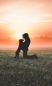 Preview wallpaper silhouette, dog, man, field, fog