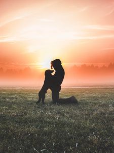 Preview wallpaper silhouette, dog, man, field, fog