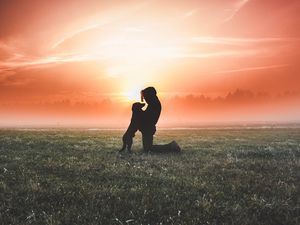 Preview wallpaper silhouette, dog, man, field, fog