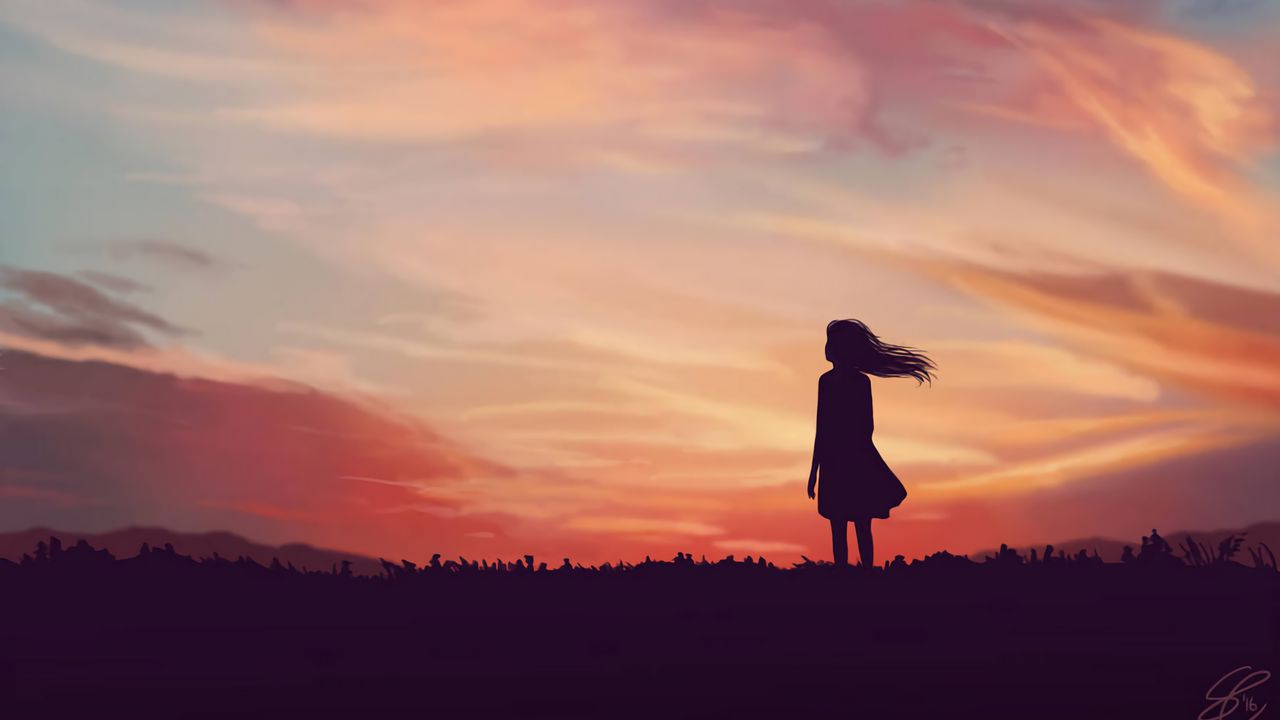 Wallpaper silhouette, field, art, sky, evening, sunset, loneliness