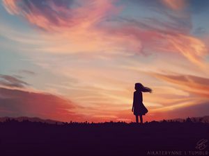 Preview wallpaper silhouette, field, art, sky, evening, sunset, loneliness