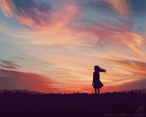 Preview wallpaper silhouette, field, art, sky, evening, sunset, loneliness