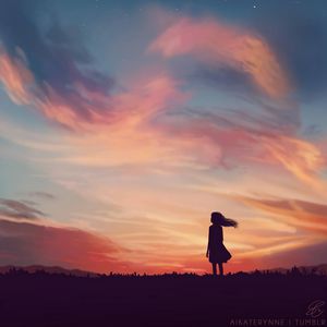 Preview wallpaper silhouette, field, art, sky, evening, sunset, loneliness