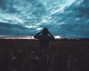 Preview wallpaper silhouette, field, dark, twilight, evening