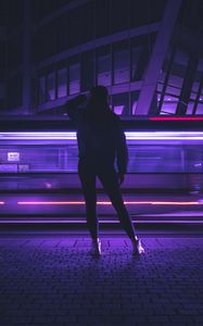 Preview wallpaper silhouette, figure, neon, light, purple, dark