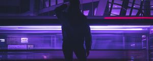 Preview wallpaper silhouette, figure, neon, light, purple, dark