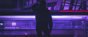 Preview wallpaper silhouette, figure, neon, light, purple, dark