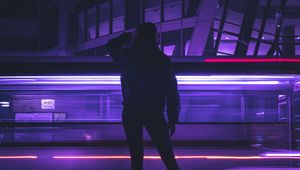 Preview wallpaper silhouette, figure, neon, light, purple, dark