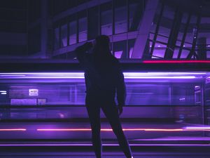 Preview wallpaper silhouette, figure, neon, light, purple, dark