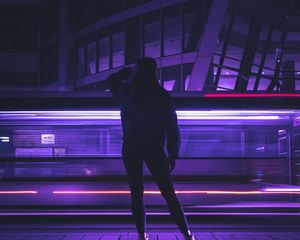 Preview wallpaper silhouette, figure, neon, light, purple, dark