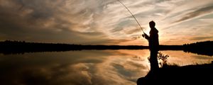 Preview wallpaper silhouette, fisherman, fishing rod, fishing, lake, dark