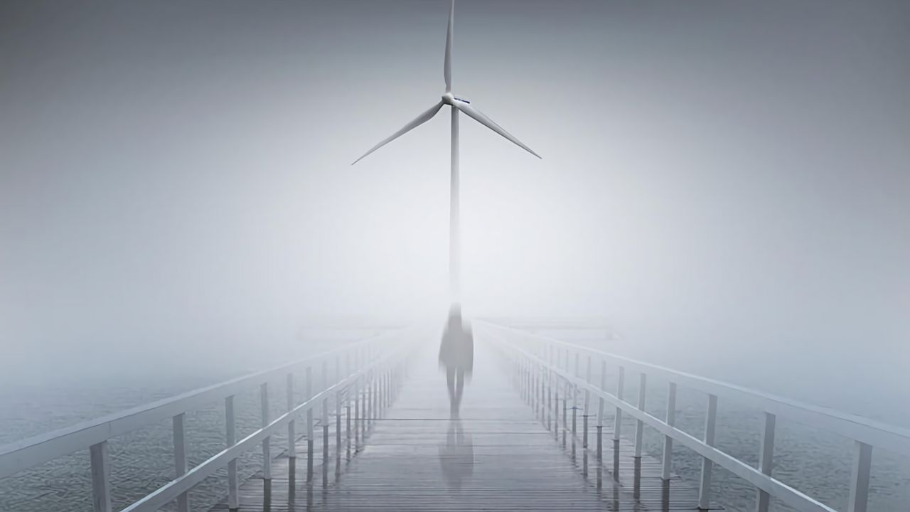 Wallpaper silhouette, fog, bridge, wind generator