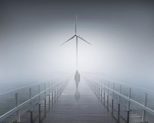 Preview wallpaper silhouette, fog, bridge, wind generator