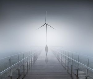Preview wallpaper silhouette, fog, bridge, wind generator