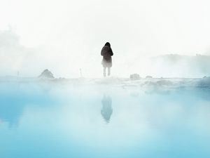 Preview wallpaper silhouette, fog, loneliness, snow, lake