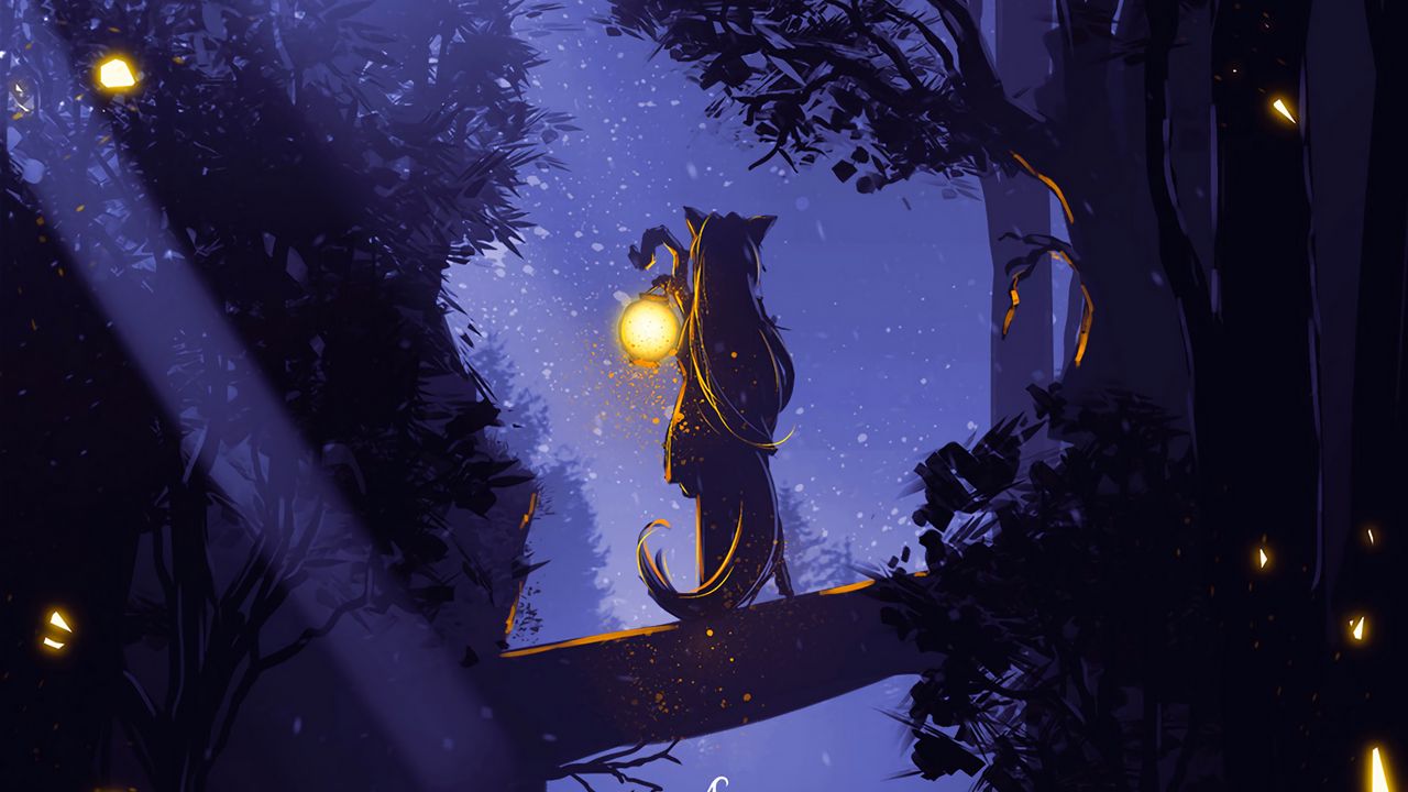 Wallpaper silhouette, forest, lantern, fog, loneliness