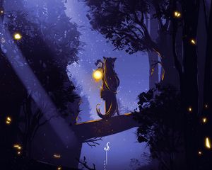 Preview wallpaper silhouette, forest, lantern, fog, loneliness