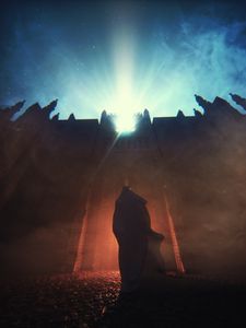 Preview wallpaper silhouette, fortress, night, lights, mantle