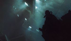 Preview wallpaper silhouette, gas mask, building, night, apocalypse, dark