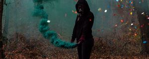 Preview wallpaper silhouette, gas mask, smoke, clapperboard, colored smoke