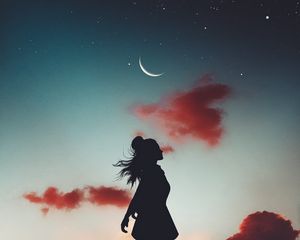 Preview wallpaper silhouette, girl, moon, sky, levitation, flight