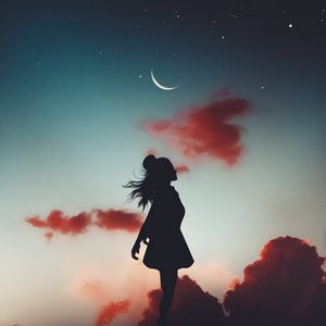 Preview wallpaper silhouette, girl, moon, sky, levitation, flight