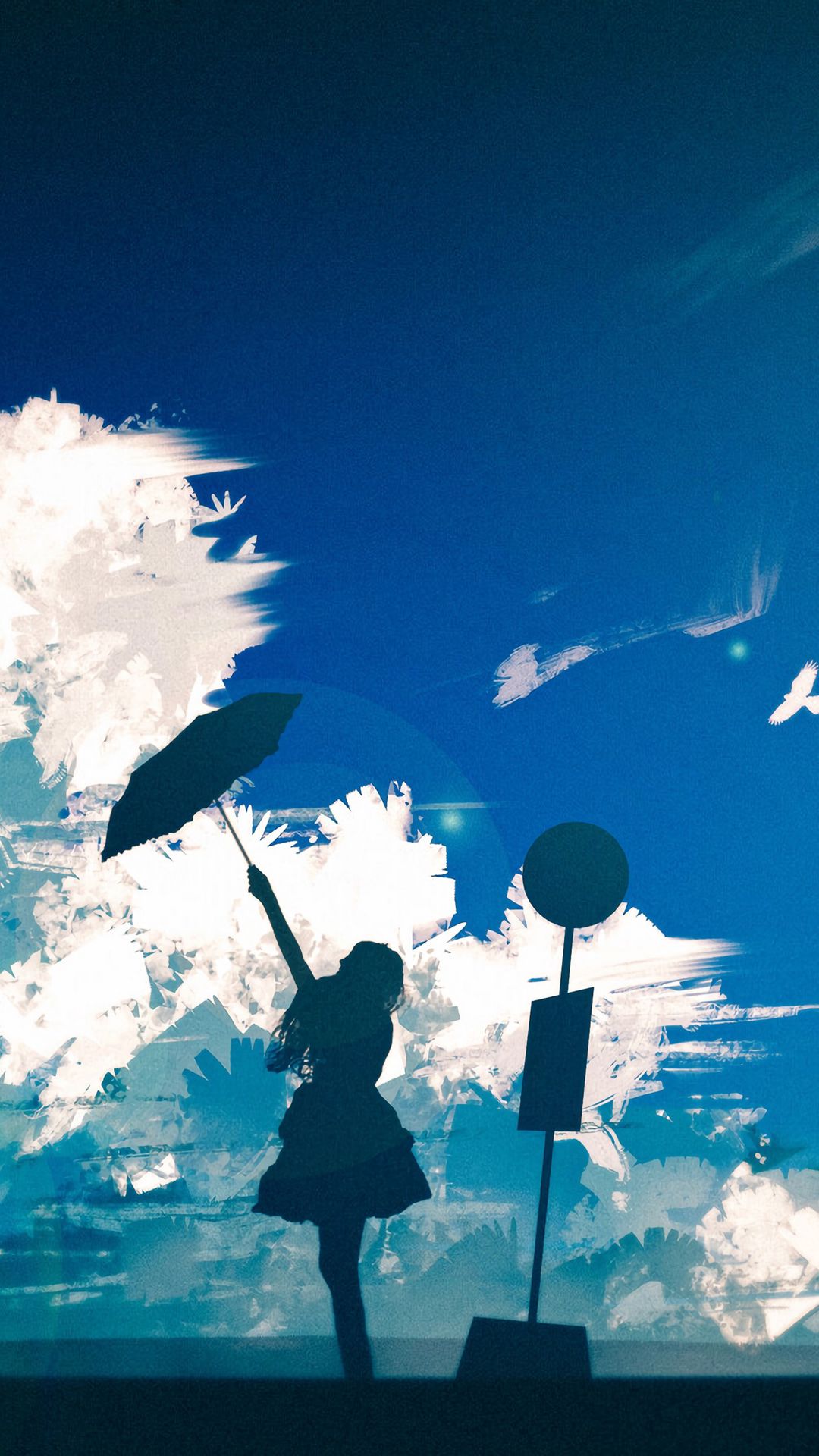 Download wallpaper 1080x1920 silhouette, girl, umbrella, clouds, art ...