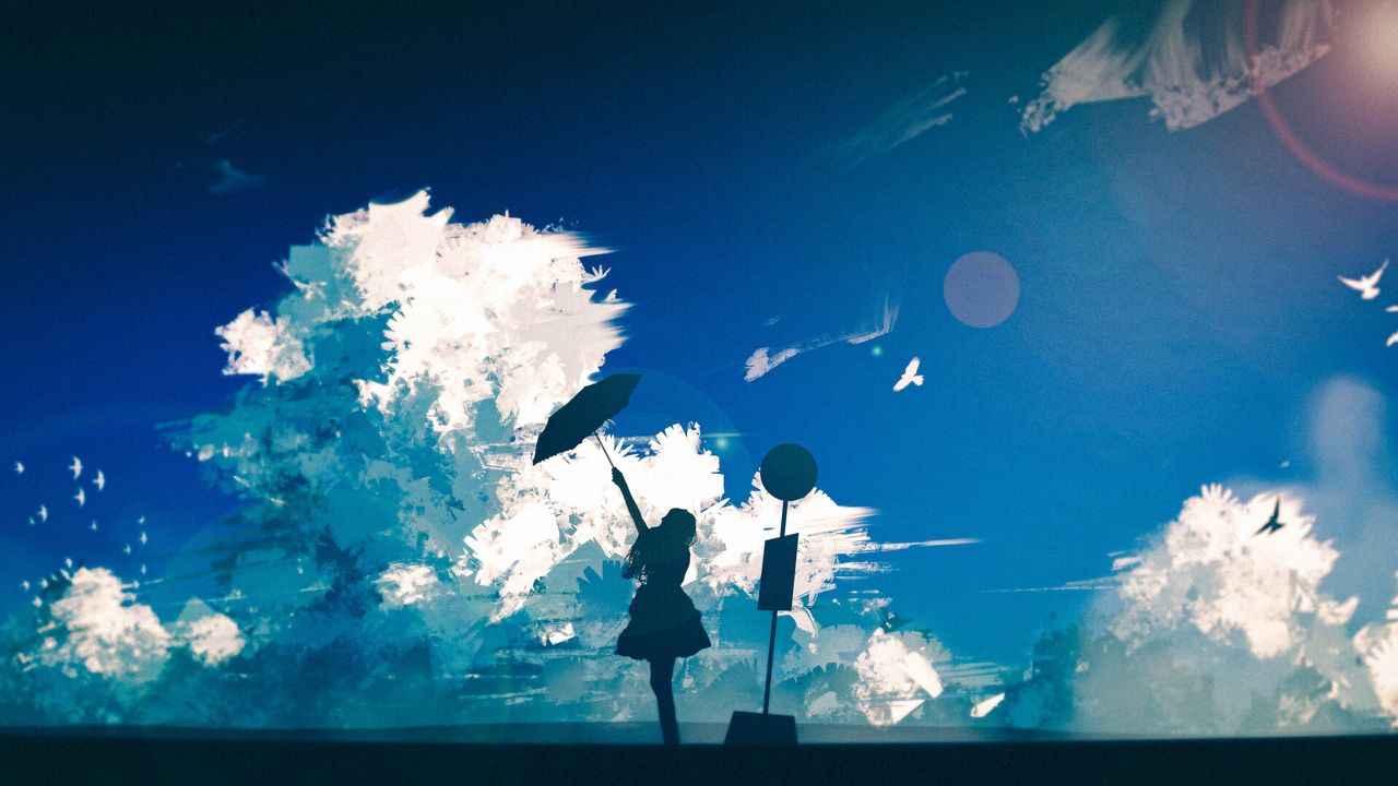 Wallpaper silhouette, girl, umbrella, clouds, art